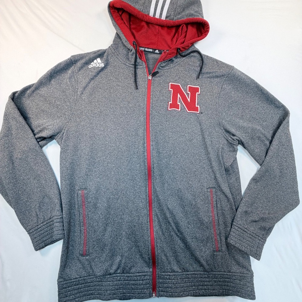Adidas Nebraska Cornhuskers Climawarm Full Zip Hoodie Mens L Gray Huskers NCAA